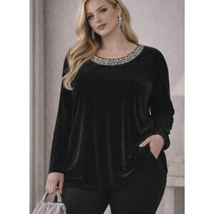 Signature Collection Glam Velour Rhinestone Collar Top M Black Evening Velvet